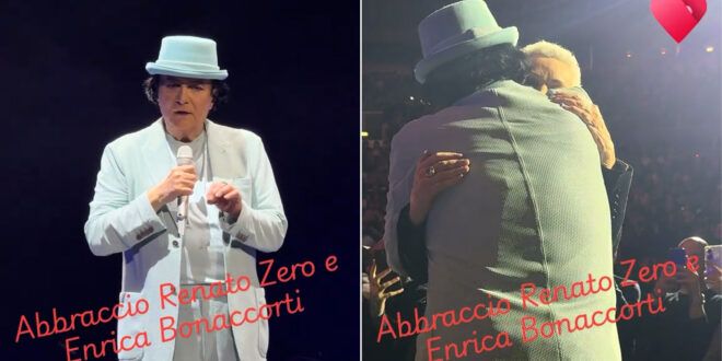 Renato Zero interrompe il concerto per abbracciare Enrica Bonaccorti