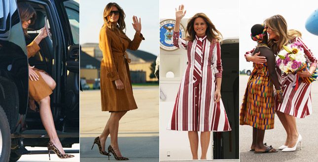 Melania Trump, nel primo viaggio da First Lady senza Donald... scivola sul look