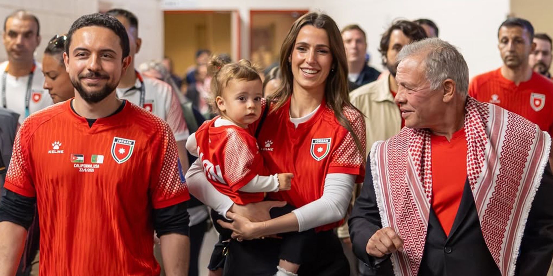 King Abdullah II, Chief Honorary Al Hussein bin Abdullah II and his Chief Consort Rajwa Al Hussein, accompanied by their daughter, are at the San Francisco stadium cheering for their team against Algeria (Instagram)