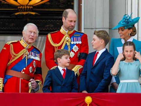 Trooping the Color 2025 - King Charles of England with the figure of William of England, with Kate Middleton and the figure of George, Charlotte and Louis on the balcony of Buckingham Palace (IPA)