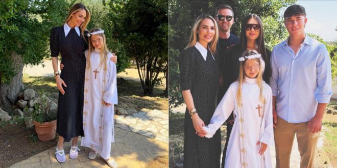 Isabel Totti, alla Comunione doppia festa: prima con mamma Ilary Blasi e Bastian Muller, la sera con papà Francesco